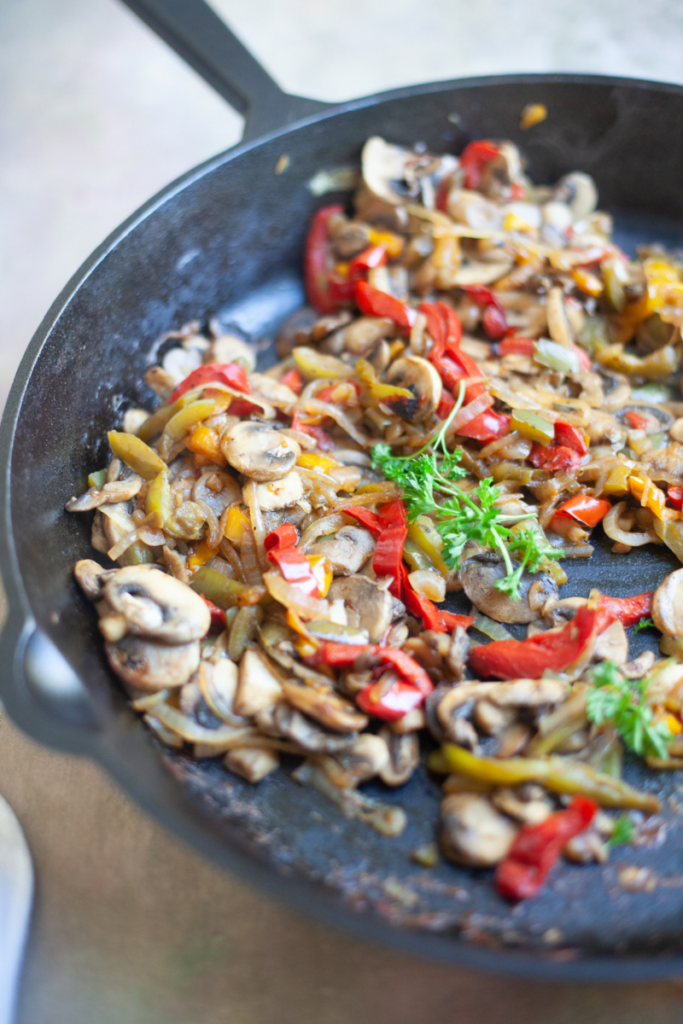 saute a veggie skillet to fill a macro-friendly philly sandwich www.lillieeatsandtells.com