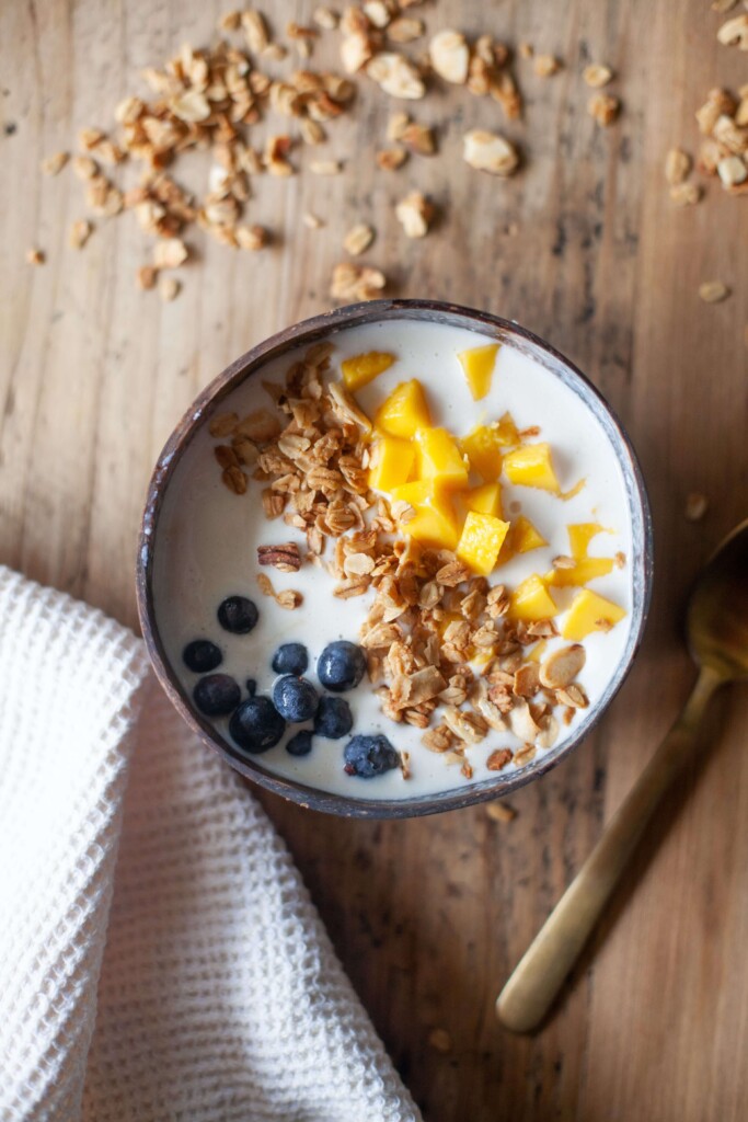 Vanilla protein smoothie bowl with toppings.