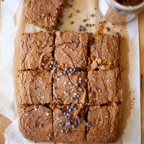 Gluten-free pumpkin bars sliced on a cutting board.