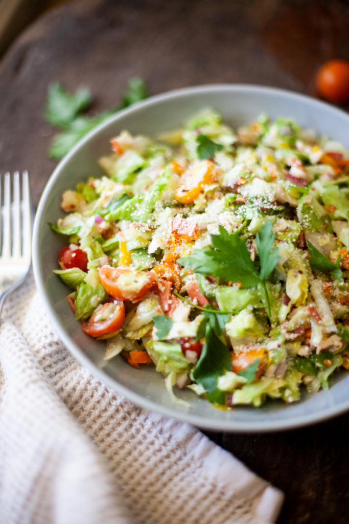 Italian grinder salad in a large serving dish.