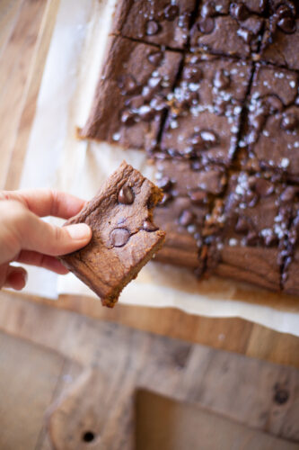 Hand holding one extra-light high-protein pumpkin pie breakfast bar.