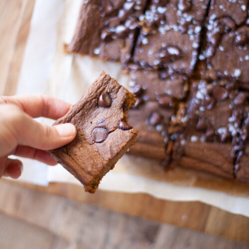 Hand holding one extra-light high-protein pumpkin pie breakfast bar.