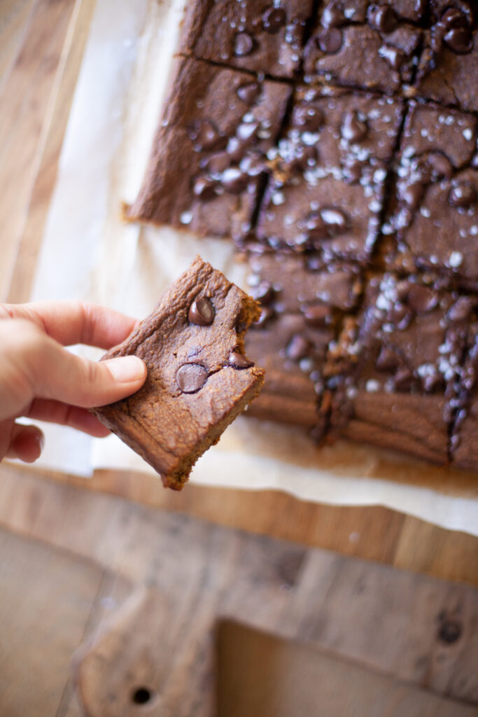 Hand holding one extra-light high-protein pumpkin pie breakfast bar.