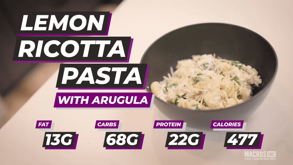 Bowl of Lemon Ricotta Pasta With Arugula, Fat: 13g, Carbs: 68g, Protein: 22g, Calories 477