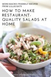 A close-up of a colorful, macro-friendly salad with grilled chicken, corn, tomatoes, and greens in a white bowl. Text overlay shares the 5 Secrets to Amazing Macro-friendly Salads for making restaurant-quality salads at home.