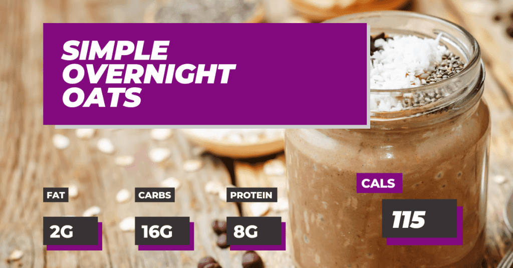 Easy Simple Overnight Oats Recipe, Fat:2g, Carbs:16g, Protein: 8g, Calories 115