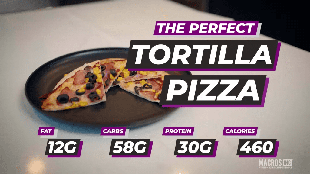 The Perfect Tortilla Pizza Recipe, Fat: 12g, Carbs: 58g, Protein: 30g. Calories 460