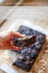 A hand holds a chocolate pumpkin snack cake square above a tray of more chocolate pumpkin snack cake pieces. Text reads: Macro-Friendly Chocolate Pumpkin Snack Cakes and includes a website URL at the top.
