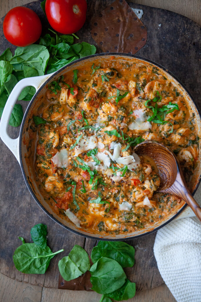 Shrimp in Red Pepper Cauliflower Cream Sauce