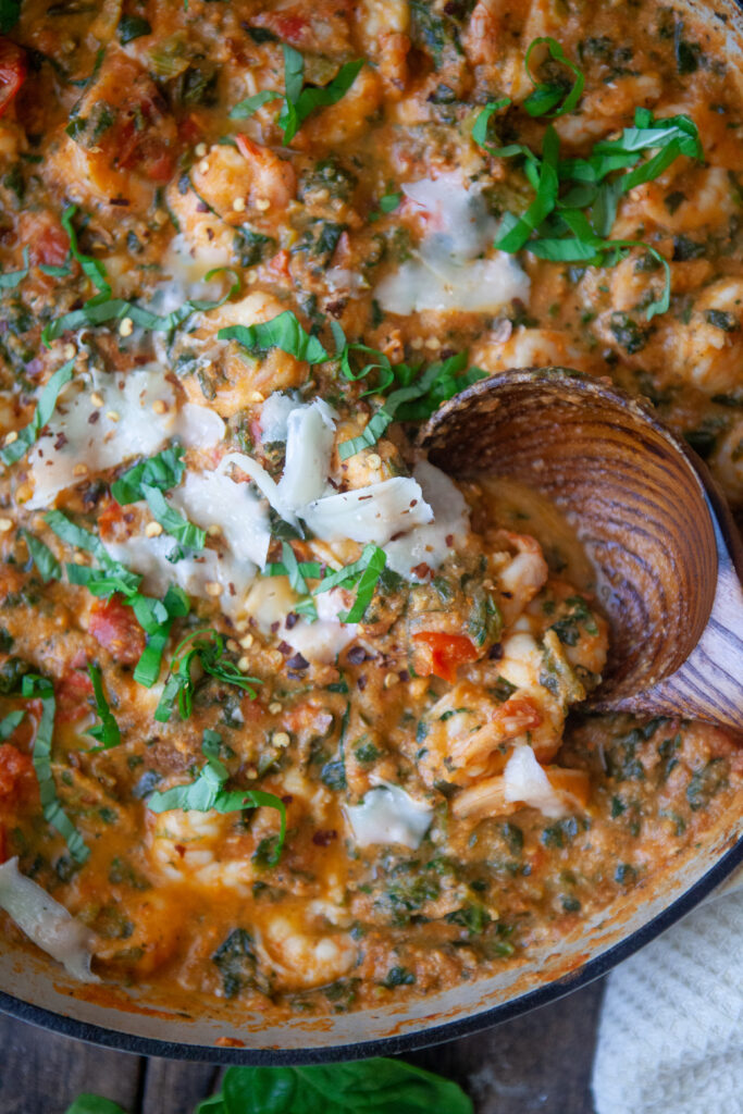 Macro-friendly Shrimp in Red Pepper Cauliflower Cream Sauce by Lillie Eats and Tells