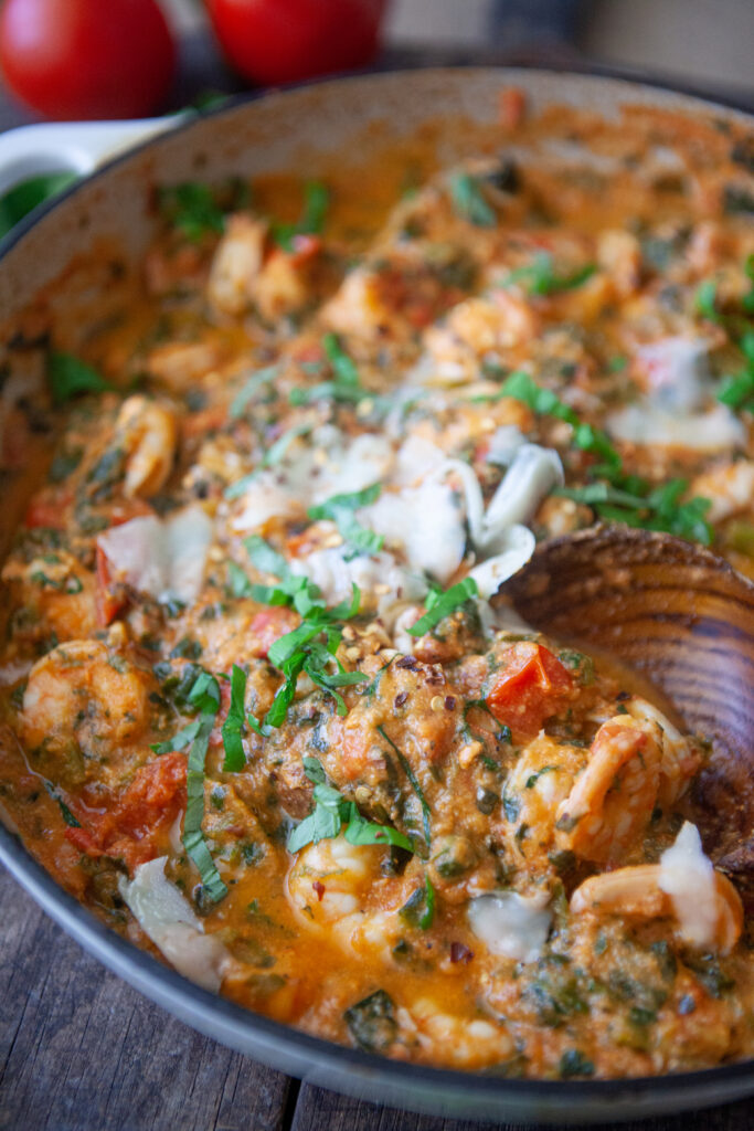 Shrimp in Red Pepper Cauliflower Cream Sauce