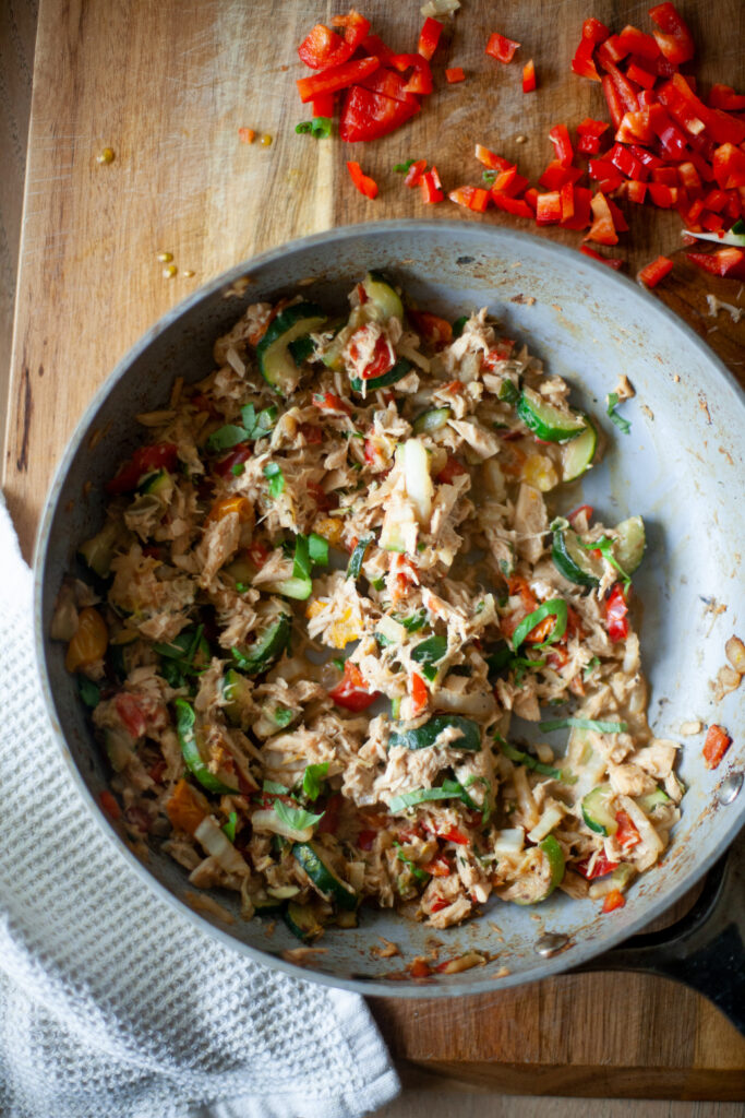Creamy Tuna Veggie Lunch Skillet for One in the frying pan