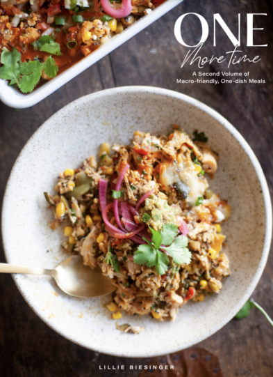 A bowl of colorful, mixed dish topped with cilantro and pickled onions, beside a gold spoon. Perfect for those seeking Macro-friendly One-dish Meals, this vibrant meal is both wholesome and convenient. Part of another dish appears at the top. Text on the image reads ONE More Time by Lillie Biesinger.
