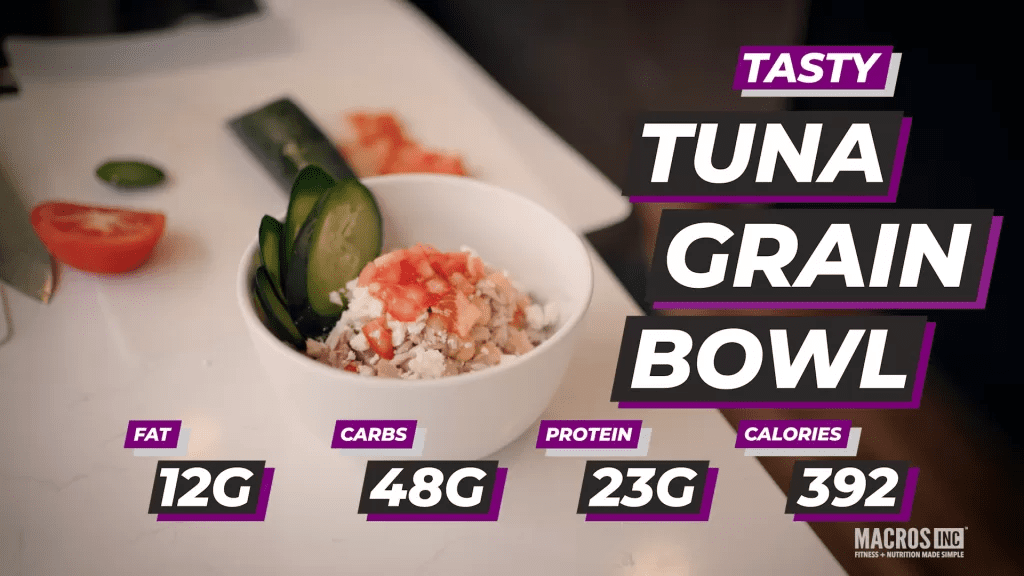 Tasty Tuna Grain Bowl Recipe, Fat: 12g, Carbs: 48g, Protein: 23g. Total Calories 392