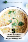 A pot of creamy soup with chicken, corn, peppers, and cilantro is shown with a wooden spoon. Text: 5 Most Popular Macro-Friendly Recipes from 2023. A lime slice and website are visible, highlighting one of the delicious dishes featured in our list of the 5 Most Popular Macro-Friendly Recipes from 2023.