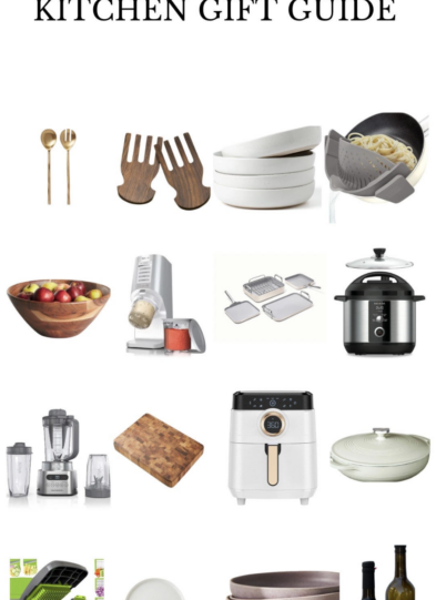 Gift Guide of Kitchen Favorites: This kitchen gift guide features a curated selection of various items, including wooden utensils, salad hands, white and wooden bowls, a pasta strainer, pasta maker, slow cooker, blender, cutting board, air fryer, casserole dish, spiralizer, plate set, and wine bottles—perfect for elevating any culinary space.