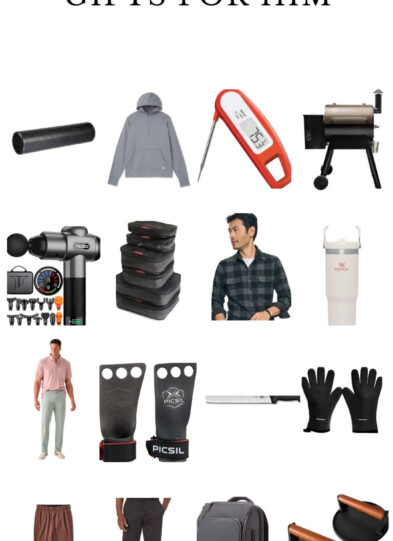 A collage of various mens gift ideas, including clothes, cooking tools, a backpack, gloves, a massage gun, weights, and gym accessories arranged under the title GIFTS FOR HIM on a white background. This carefully curated selection highlights versatile Gifts for Him perfect for any occasion.