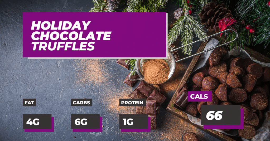20 Holiday Chocolate Truffles, 4g Fat, 6g Carbs, 1g Protein and 66 Calories per truffle