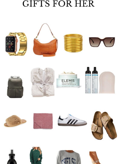 A collage titled Gifts For Her features a curated selection of thoughtful presents, including a smart watch, purse, gold bangles, sunglasses, backpack, robe, skincare essentials, hair products, cozy slippers, trendy sneakers and sandals, a stylish sweatshirt and green tracksuit set, and an elegant perfume—perfect gifts for her to enjoy on any special occasion.