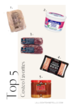 Five Costco food products arranged on a white background—chicken breast, cottage cheese, pork tenderloin, fully cooked bacon, and peanut butter jars—labeled as Top 5 Macro-Friendly Costco Favorites.
