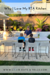 A woman prepares food at an outdoor kitchen island while two children sit on stools watching. Lush plants and flowers fill the backyard, creating a welcoming oasis. Text reads, Why I Love My Outdoor Kitchen and www.lillieeatsandtells.com.