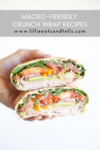 A hand holds two halves of a wrap filled with turkey, lettuce, tomato, cheese, and other vegetables. Text above reads, Macro-Friendly Crunch Wrap Recipes www.lillieeatsandtells.com. Discover delicious Macro-friendly Crunch Wraps that make healthy eating easy and flavorful.