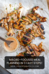 Grilled, sliced chicken breast on parchment with a bowl of sauce and a spoon. Text overlay reads: Macro-Focused Meal Planning in 3 easy steps! www.lillieeatsandtells.com.