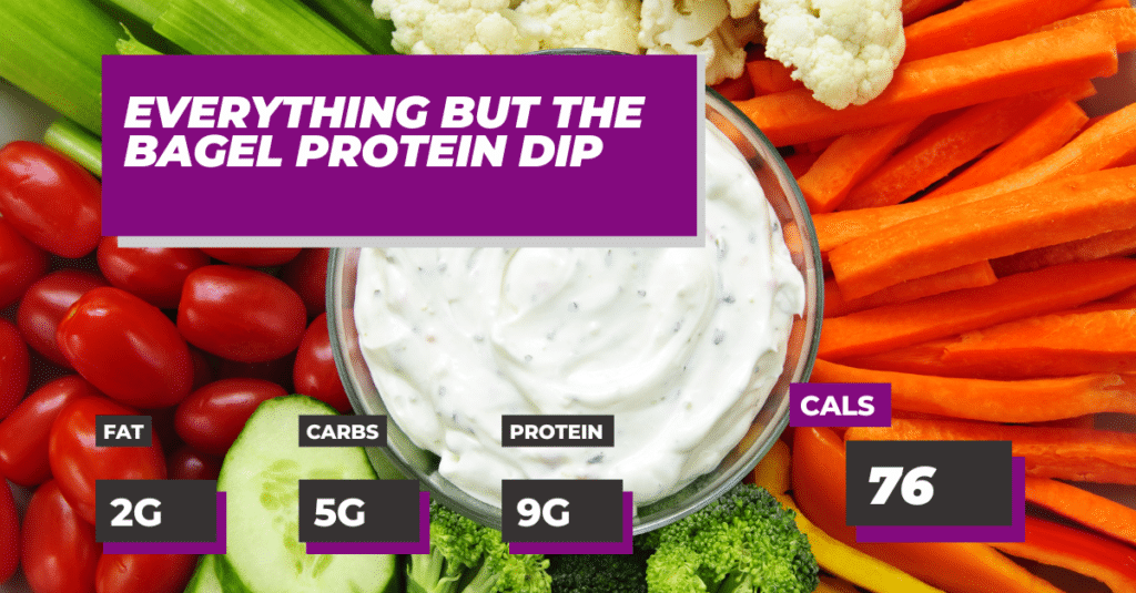 Everything But The Bagel Protein Dip Recipe: 9g Protein, 5g Carbs and 2g Fat. 76 calories per serving.