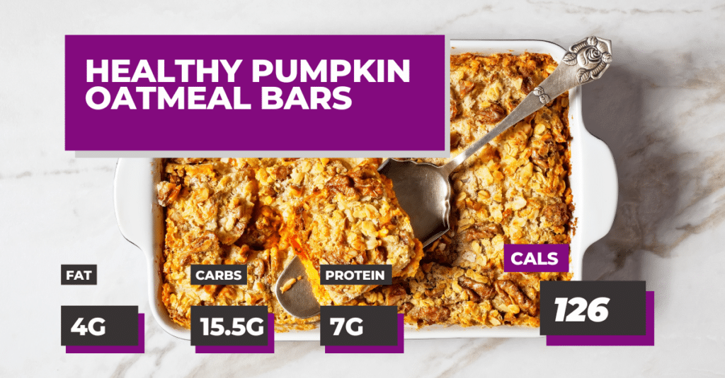 Healthy Pumpkin Oatmeal Bars: 7g Protein, 15.5g Carbs, 4g Fat. 126 Calories per serving