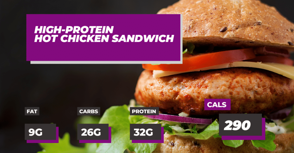 Spring Recipe High Protein Hot Chicken Sandwich: 290 calories, 32g Protein, 26g Carbs and 9g Fat.