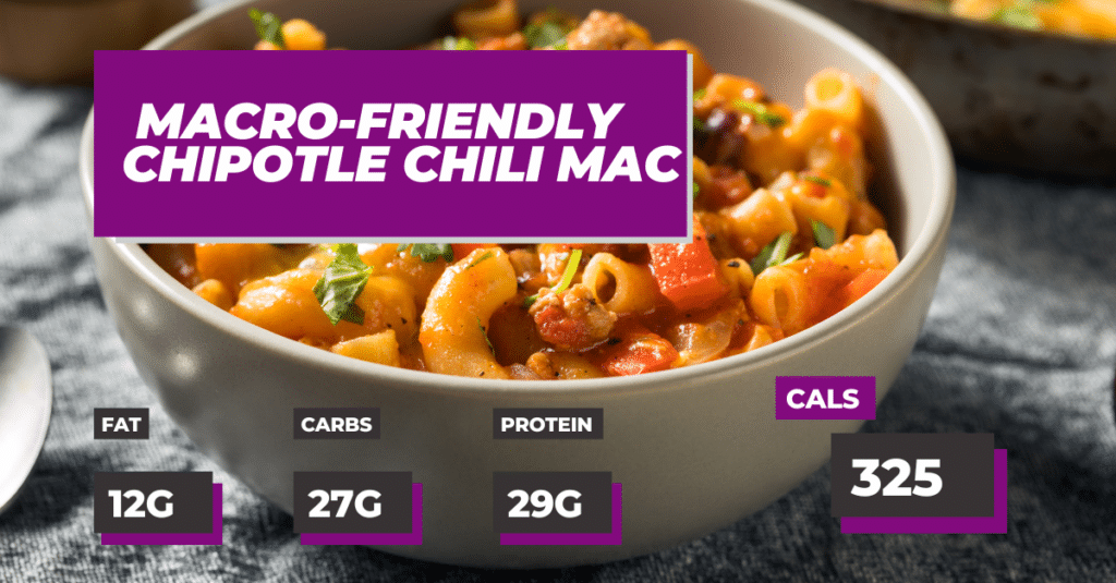 Macro-Friendly Chipotle Chili Mac - 325 calories per serving, 12g Fat, 27g Carbs and 29g Protein
