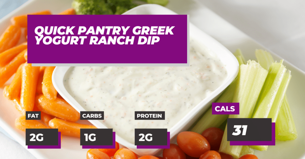 Quick Pantry Greek Yogurt Ranch Dip: 2g Protein, 1g Carbs, 2g Fat and 31 calories per serving