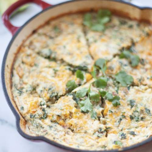 Ham and veggie frittata in oven-safe dish.