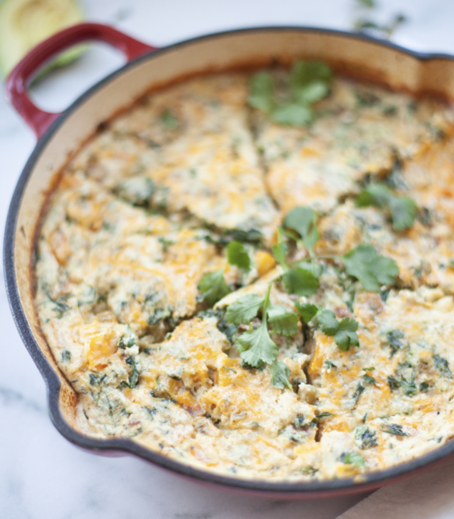 Ham and veggie frittata in oven-safe dish.