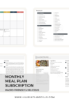 Four digital meal planning templates, including a calendar, shopping list, recipes, and nutritional facts, are displayed. Text at the bottom reads: MACRO-FOCUSED MONTHLY MEAL PLAN SUBSCRIPTION—MACRO-FRIENDLY & DELICIOUS www.lillieeatsandtells.com.