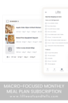 Meal planning app screenshot featuring a recipe for Apple Cider Dijon Grilled Chicken, complete with nutrition info, shopping list, and a prominent banner reading Macro-focused Monthly Meal Plan Subscription along with a website link at the bottom.