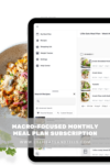 Tablet displaying a macro-focused monthly meal plan subscription app interface with a sidebar menu and recipe list. A bowl of food is partially visible on the left. Text overlay says Macro-Focused Monthly Meal Plan Subscription and website URL.