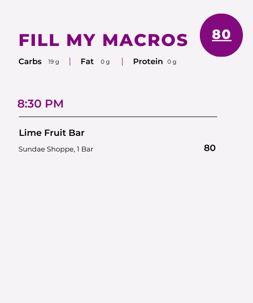 Coach Rachel's snack food log showing a lime fruit bar total 80 calories