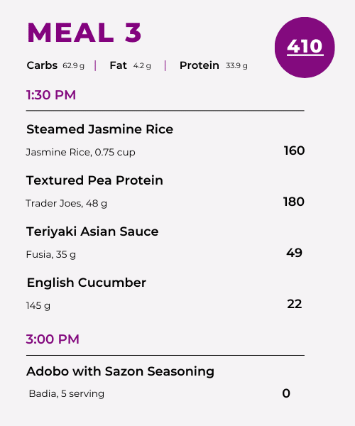 Coach Rachel's Daily Food Log Showing Meal 3 of steamed rice, pea protein, teriyaki sauce and cucumber, total calories 410