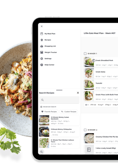 A tablet displays a meal planning app with dinner recipes, highlighting a Macro-focused Monthly Meal Plan Subscription, next to a plate of colorful salad and a sprig of cilantro on a white background.