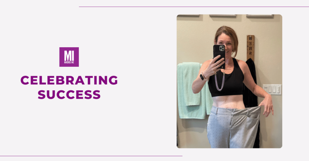 Celebrating Success: Sharon's Story showing a photo of her 50lbs weight loss with Macros Inc