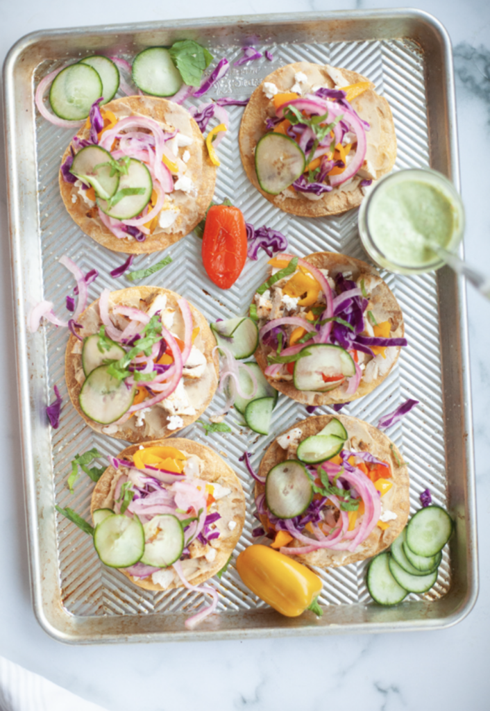 Creamy Sauce with Tostadas on a sheet pan lillieeatsandtells.com