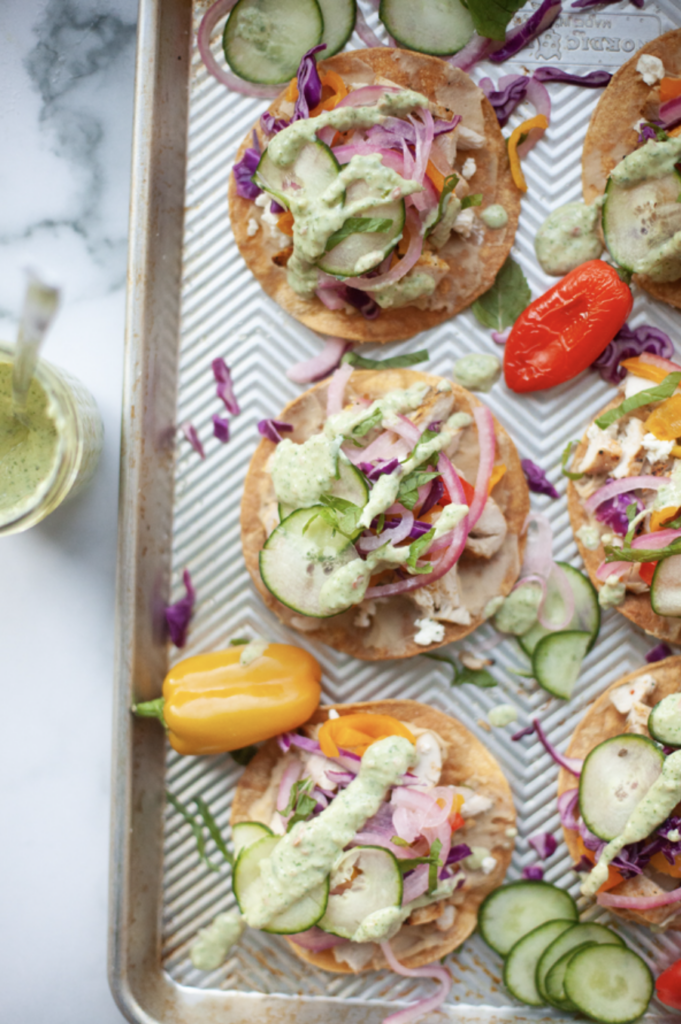 Greek Tostadas with Cucumber Dill Sauce by Lillieeatsandtells.com