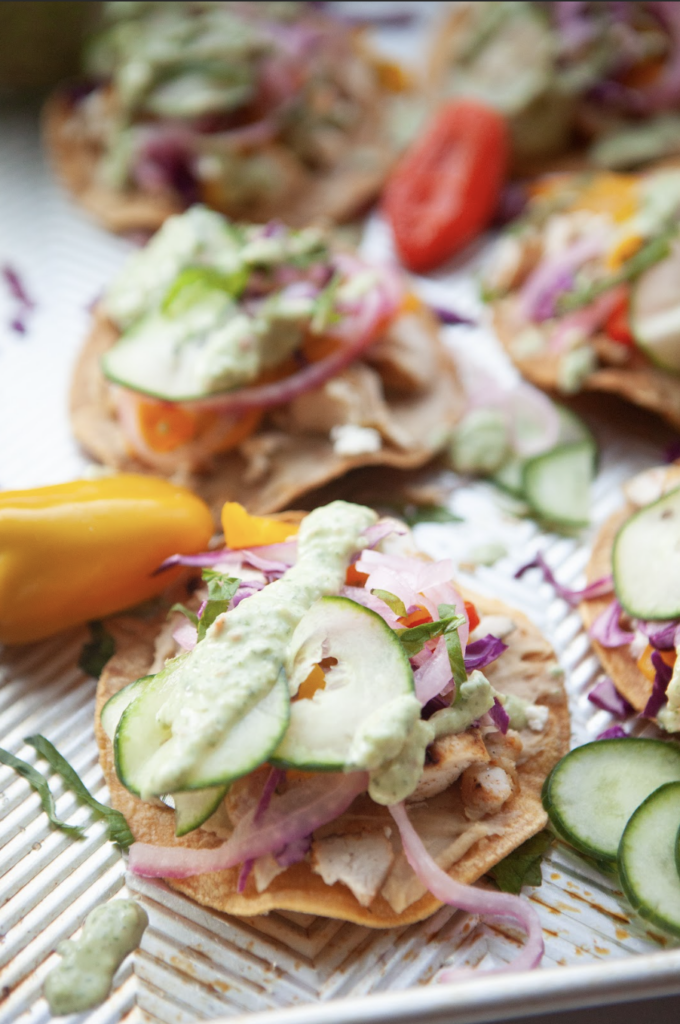 Greek Tostadas with Cucumber Dill Sauce