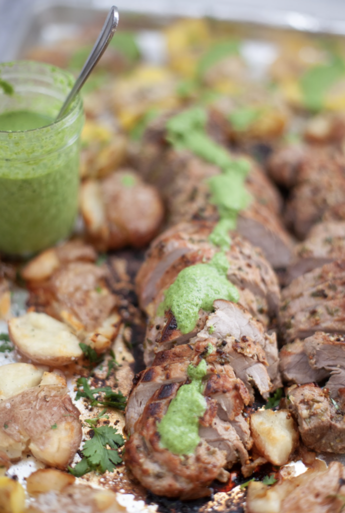 Green sauce over pork tenderloin Lillieeatsandtells.com