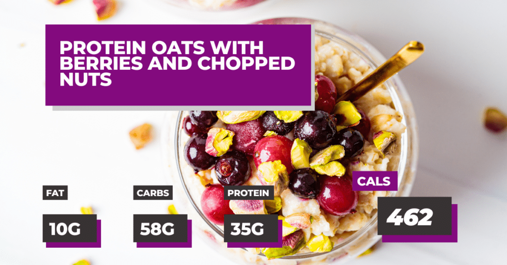 Bowl of Protein Oats with Berries and Chopped Nuts on Top. F:10g, C:58g, P:35g, Total Calories 462
