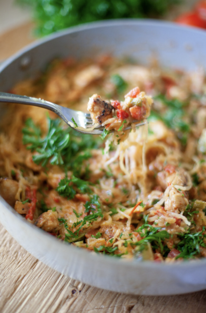 Cajun Chicken Spaghetti Squash Skillet lillieeatsandtells.com