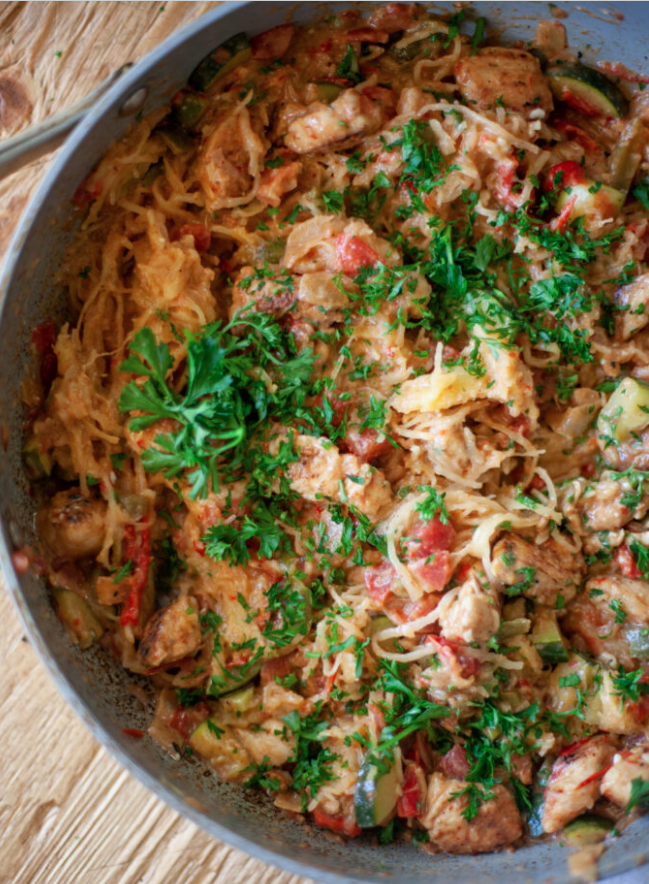 Cajun Chicken Spaghetti Squash Skillet lillieeatsandtells.com