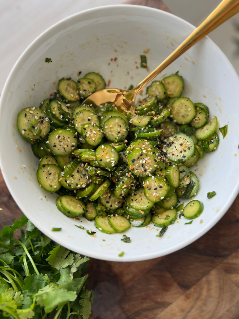An above shot of the cucumber salad to show final product