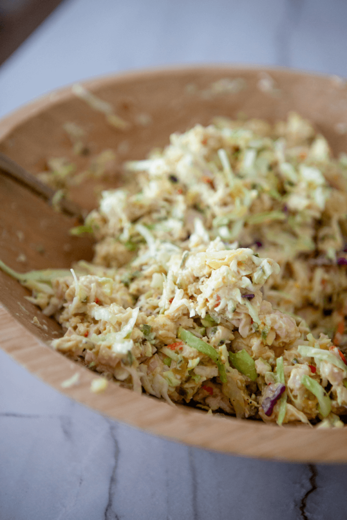 An up close shot of the pickle chicken salad on a spoon